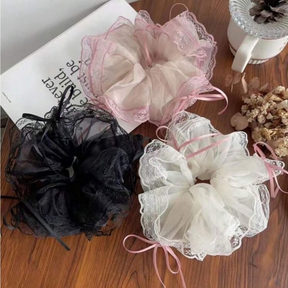 Pink, Black, and White Lace Hair Scrunchies - Picture 1 of 5